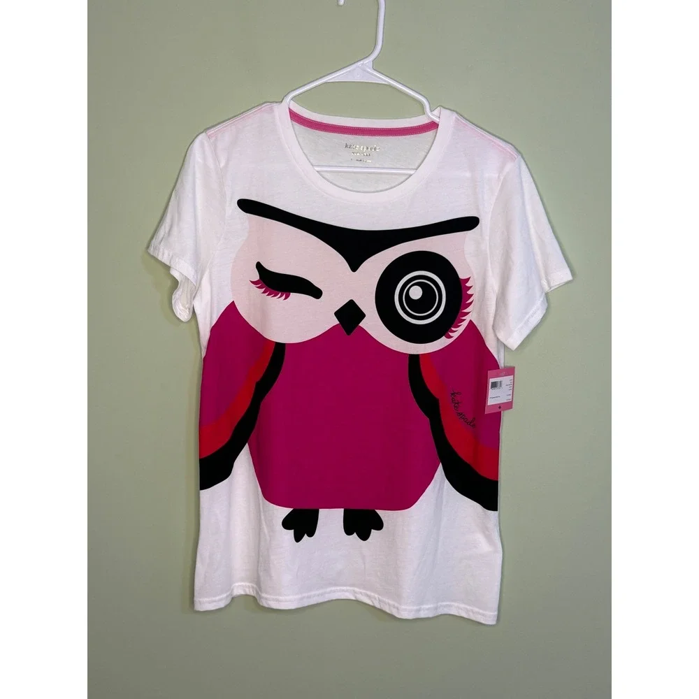 NEW Kate Spade New York Owl Graphic Tee Fresh White Pink whimsical artsy classy